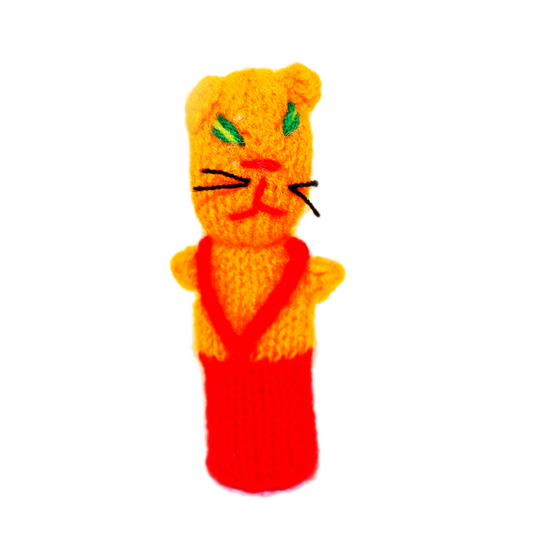 Orange Cat finger puppet in overalls, eco-friendly handmade toy.