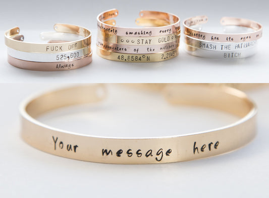 Personalized stamped cuff bracelet, hand stamped message quote Azure Juniper