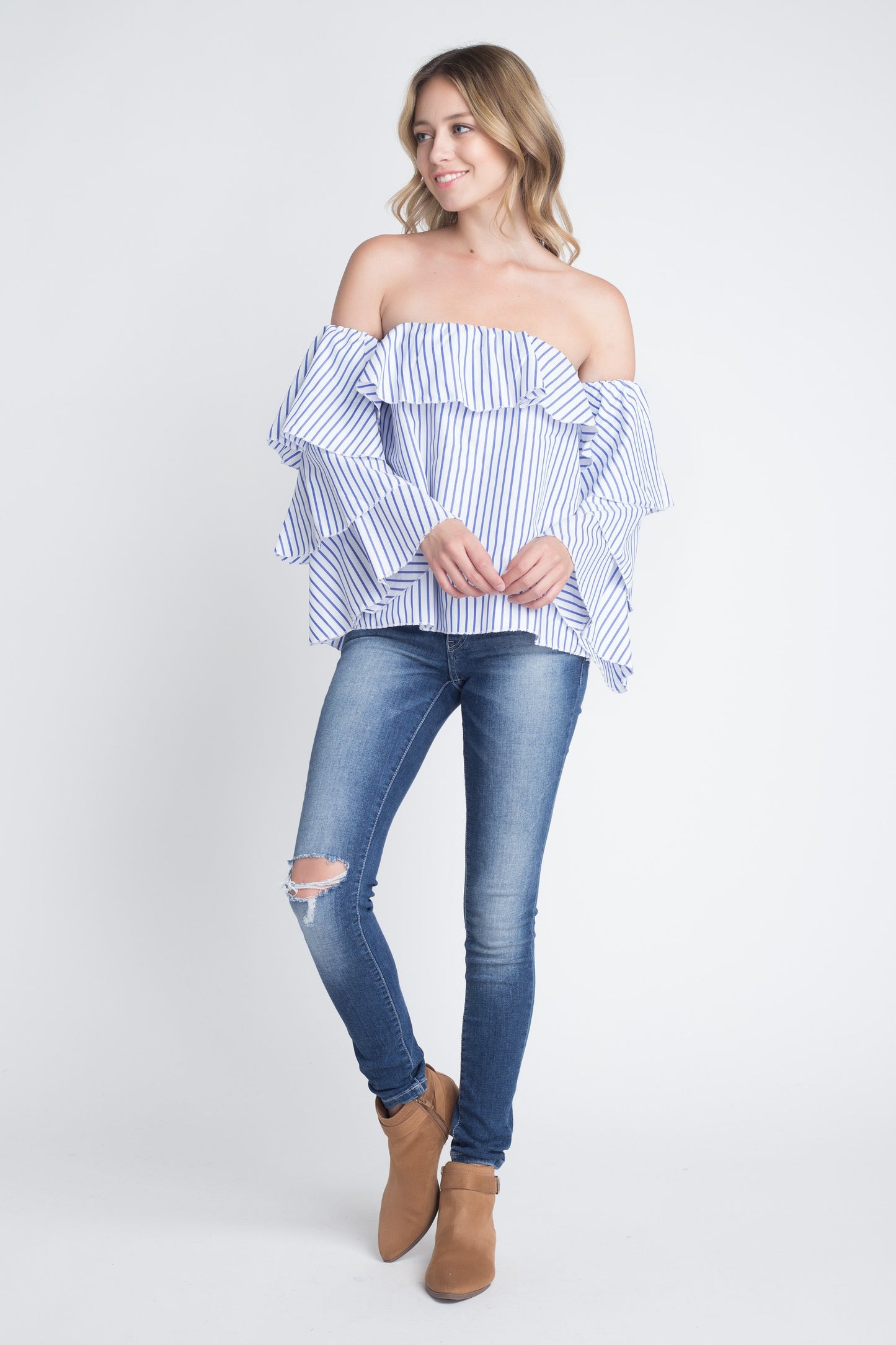 Women's Off Shoulder Stripe Ruffle Long Sleeve Top Ivory Felix