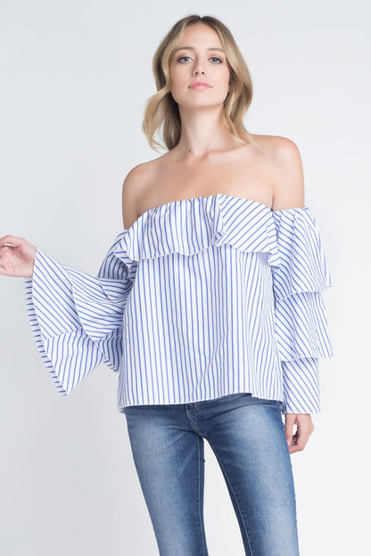 Women's Off Shoulder Stripe Ruffle Long Sleeve Top Ivory Felix