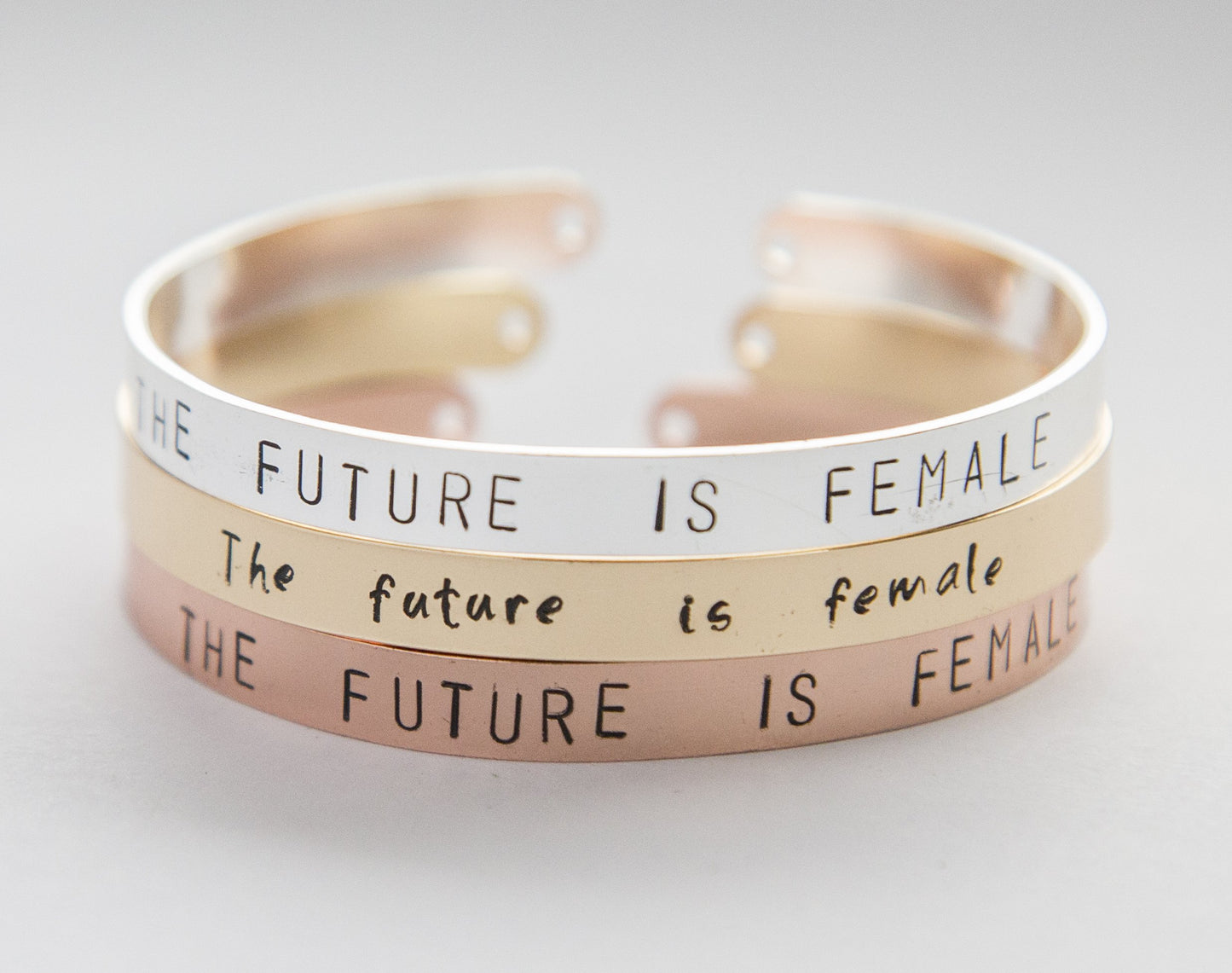 The Future is Female bracelet, feminist message hand stamped cuff, Azure Juniper