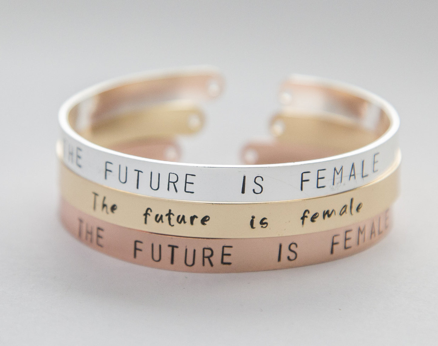 The Future is Female bracelet, feminist message hand stamped cuff, Azure Juniper