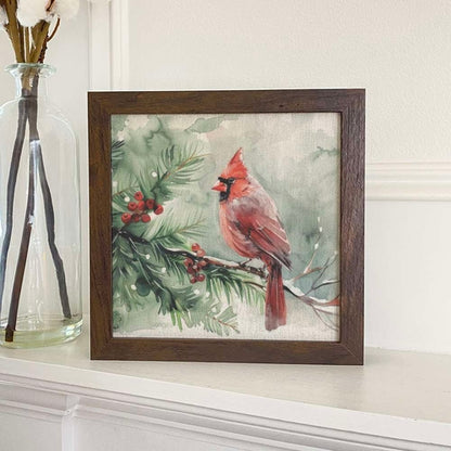 Cardinal on Pine Tree - Winter Framed Print White Helen