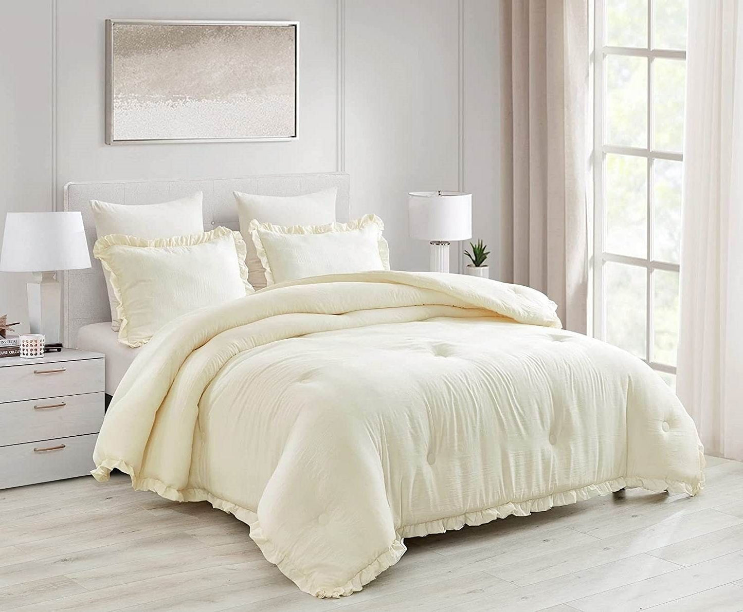 Full Size Ivory Microfiber 3-Piece Comforter Set with Ruffled Edge Yellow Crius