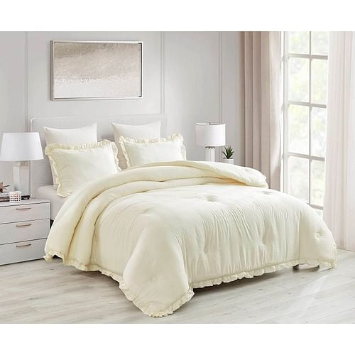 Full Size Ivory Microfiber 3-Piece Comforter Set with Ruffled Edge Yellow Crius