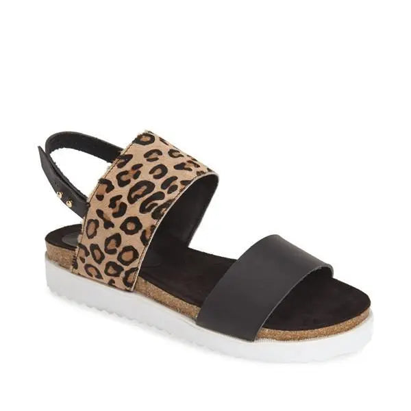 JOLLEEN double strap sandal with calf hair leather print and comfort footbed.