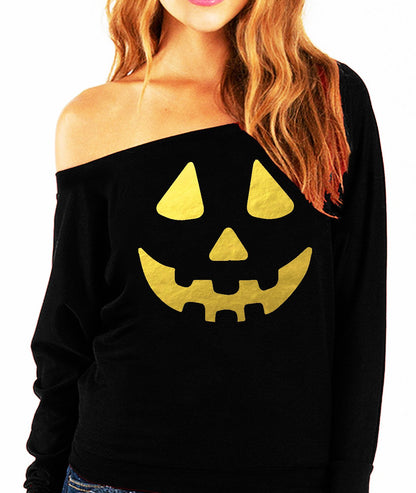 Jack O'Lantern Halloween Slouchy Sweatshirt with Gold Foil Print Orange Apollo