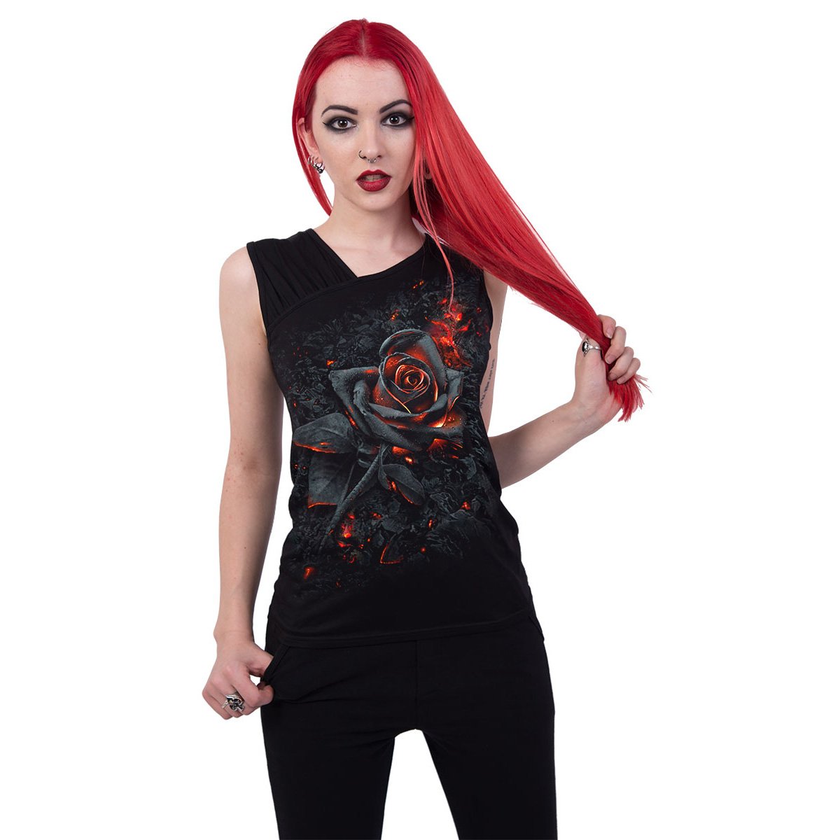 BURNT ROSE - Gathered Shoulder Slant Vest Black Black Jasper