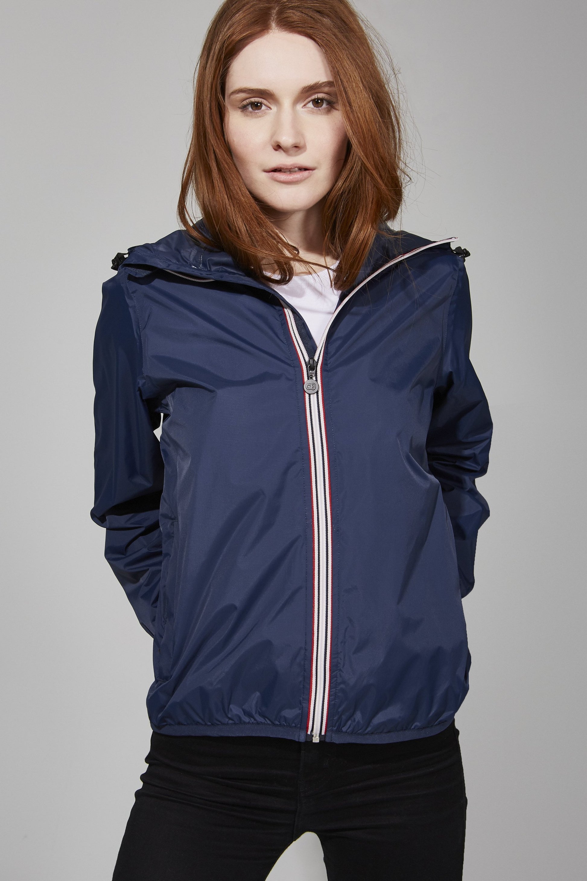 Women's navy full zip packable rain jacket and windbreaker Sangria Semele