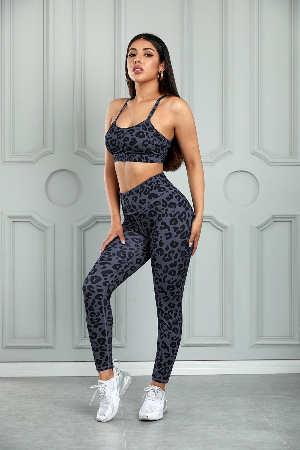 Charcoal Leopard Sports Bra and Legging Set Teal Demeter