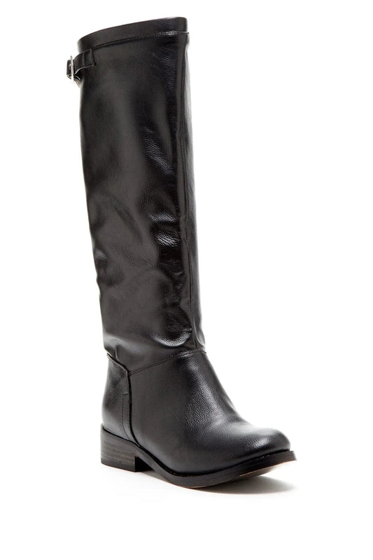 LEGACY vegan pebble grain leather boot with buckle detail and back zipper entry.