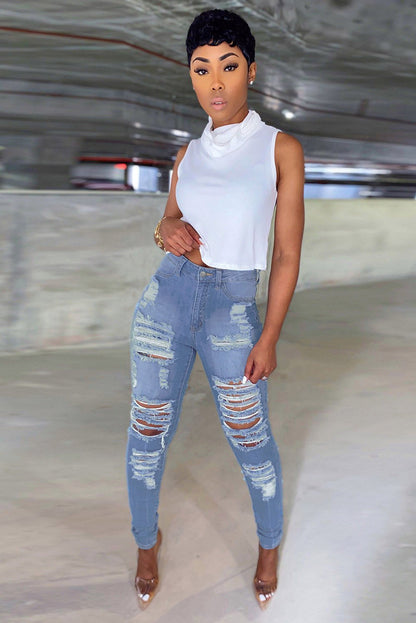 Light Blue Cut Out Distressed Ripped Pockets High Waisted Jeans Teal Demeter