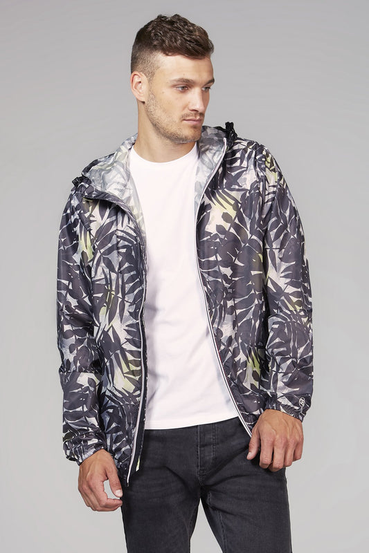 Men's palm print full zip packable rain jacket and windbreaker *** Sangria Semele