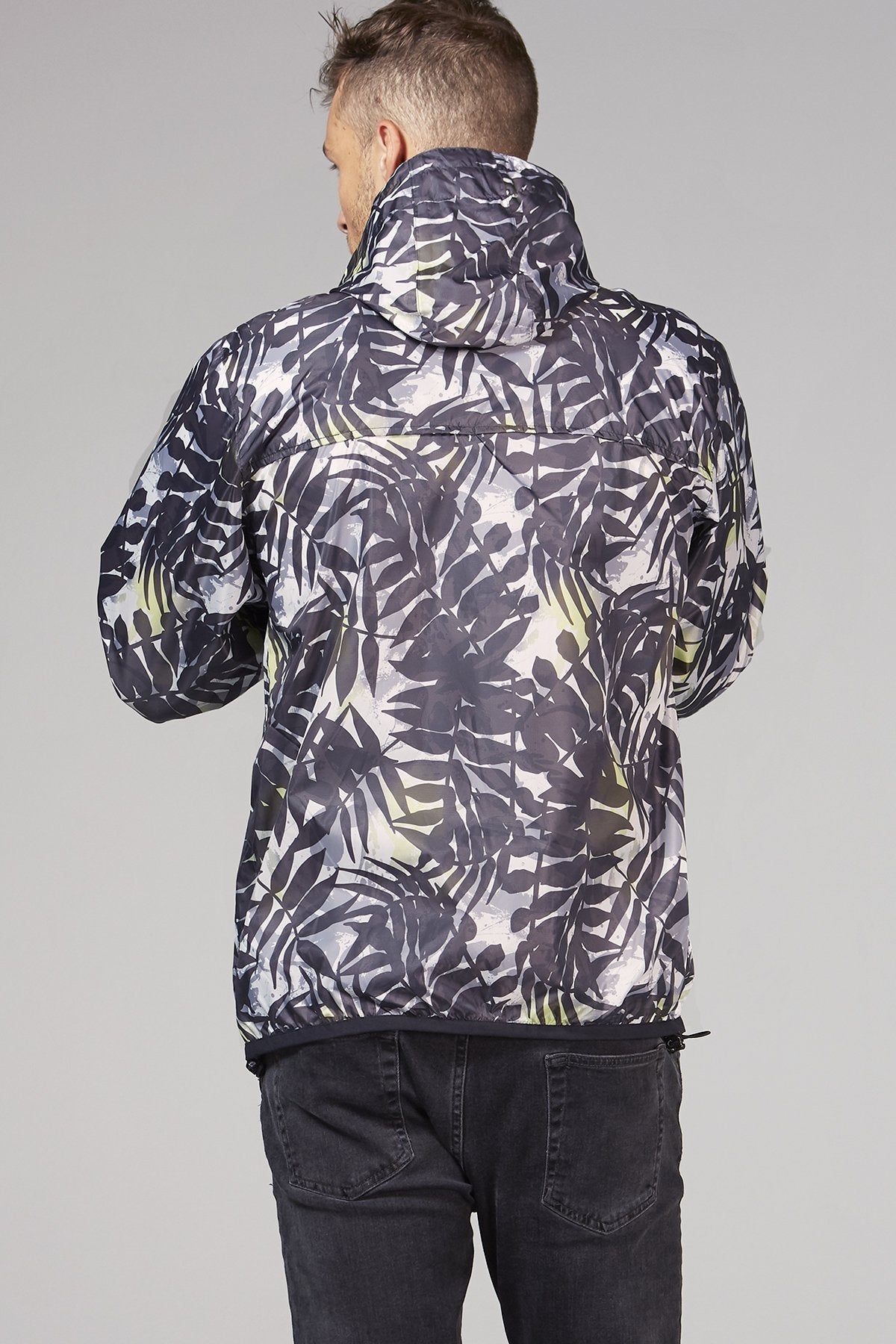 Men's palm print full zip packable rain jacket and windbreaker *** Sangria Semele