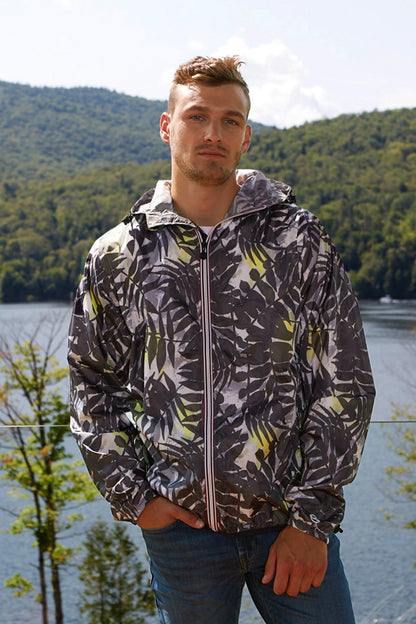 Men's palm print full zip packable rain jacket and windbreaker *** Sangria Semele