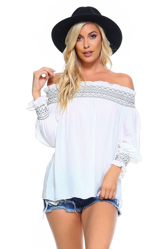 Women's Off Shoulder Stripe Smocked Elastic Top Ivory Felix