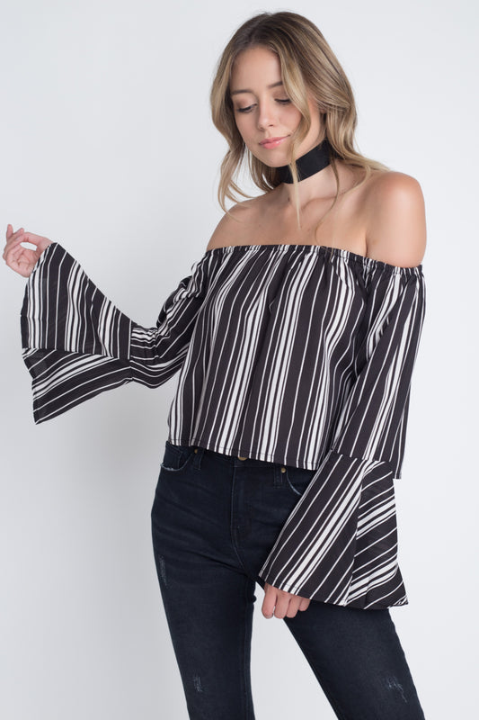 Women's Off Shoulder Casual Stripe Bell Sleeve Top Ivory Felix