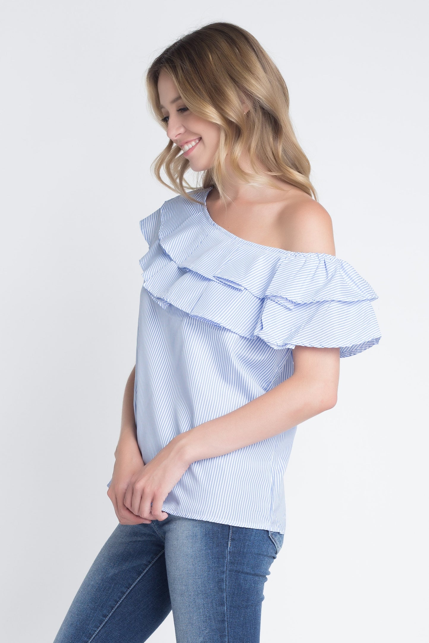 Women's Striped Off Shoulder Ruffle Stripe Blouse Ivory Felix