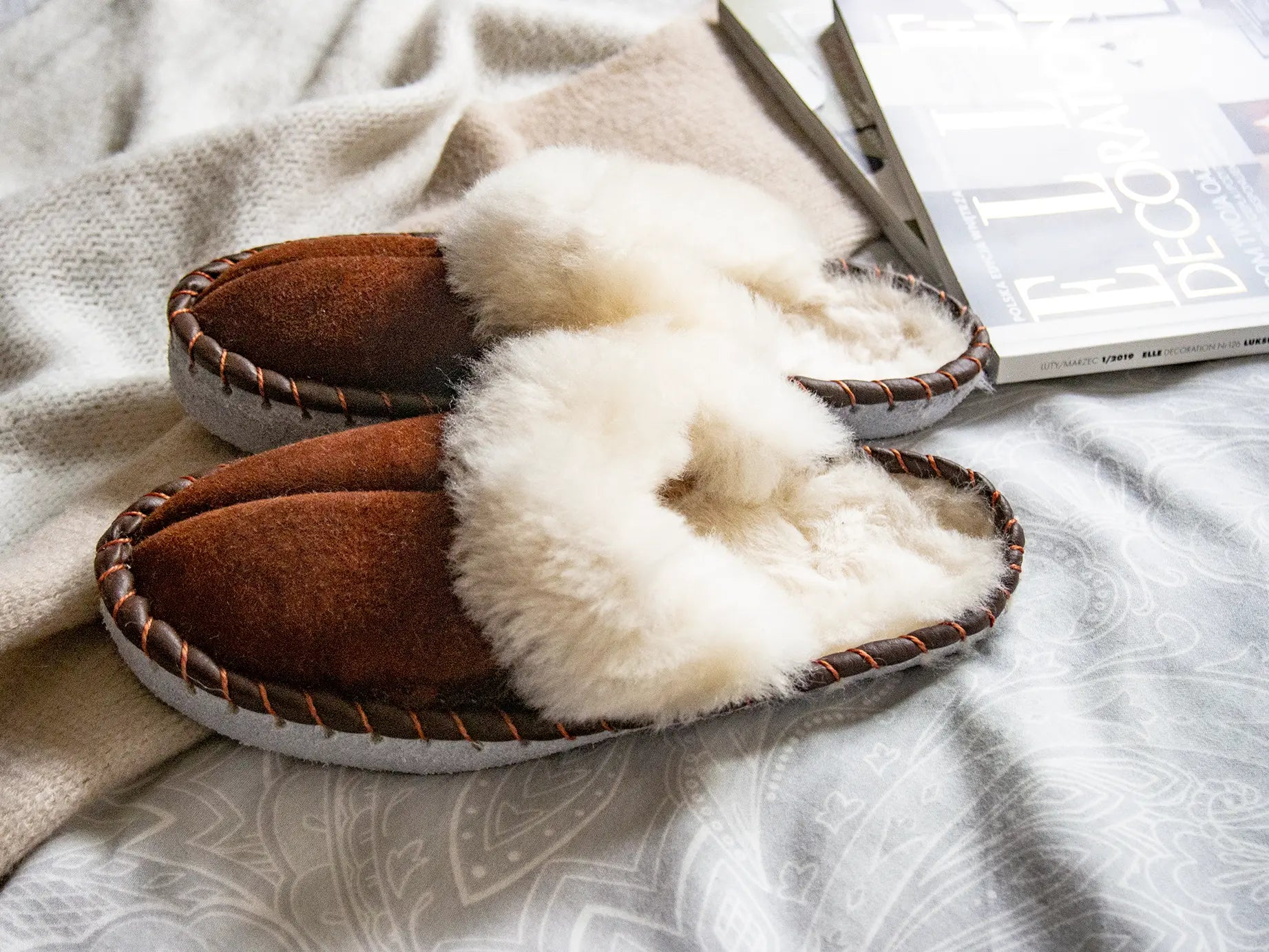 Brown Shearling Sheepskin Mules, handmade slippers with natural sheepskin and leather, unisex sizes EU35-EU36.