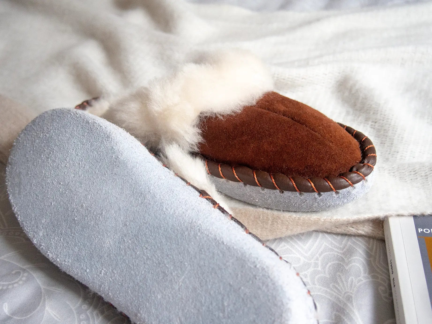 Brown shearling sheepskin mules, handmade slippers with natural sheepskin and leather.