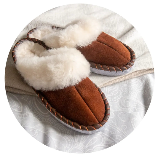 Brown shearling sheepskin mules, handmade natural sheepskin slippers.