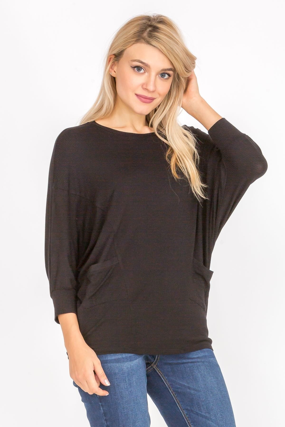 3/4 Sleeve Lightweight Ribbed Dolman Knit Batwing Blouse, Flowy, Thin, Aquamarine Gaia