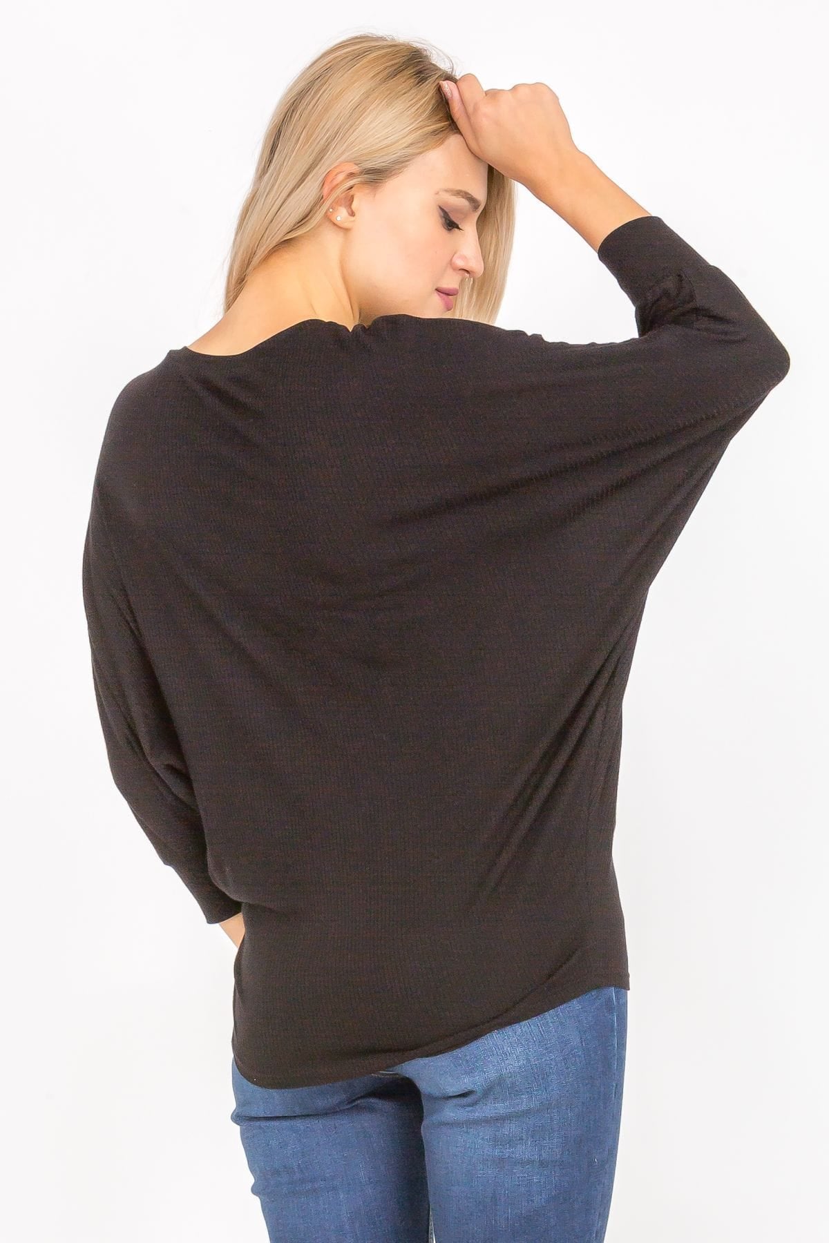 3/4 Sleeve Lightweight Ribbed Dolman Knit Batwing Blouse, Flowy, Thin, Aquamarine Gaia