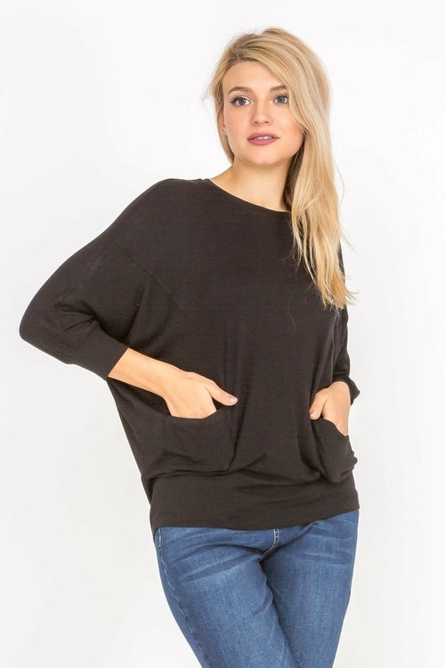 3/4 Sleeve Lightweight Ribbed Dolman Knit Batwing Blouse, Flowy, Thin, Aquamarine Gaia