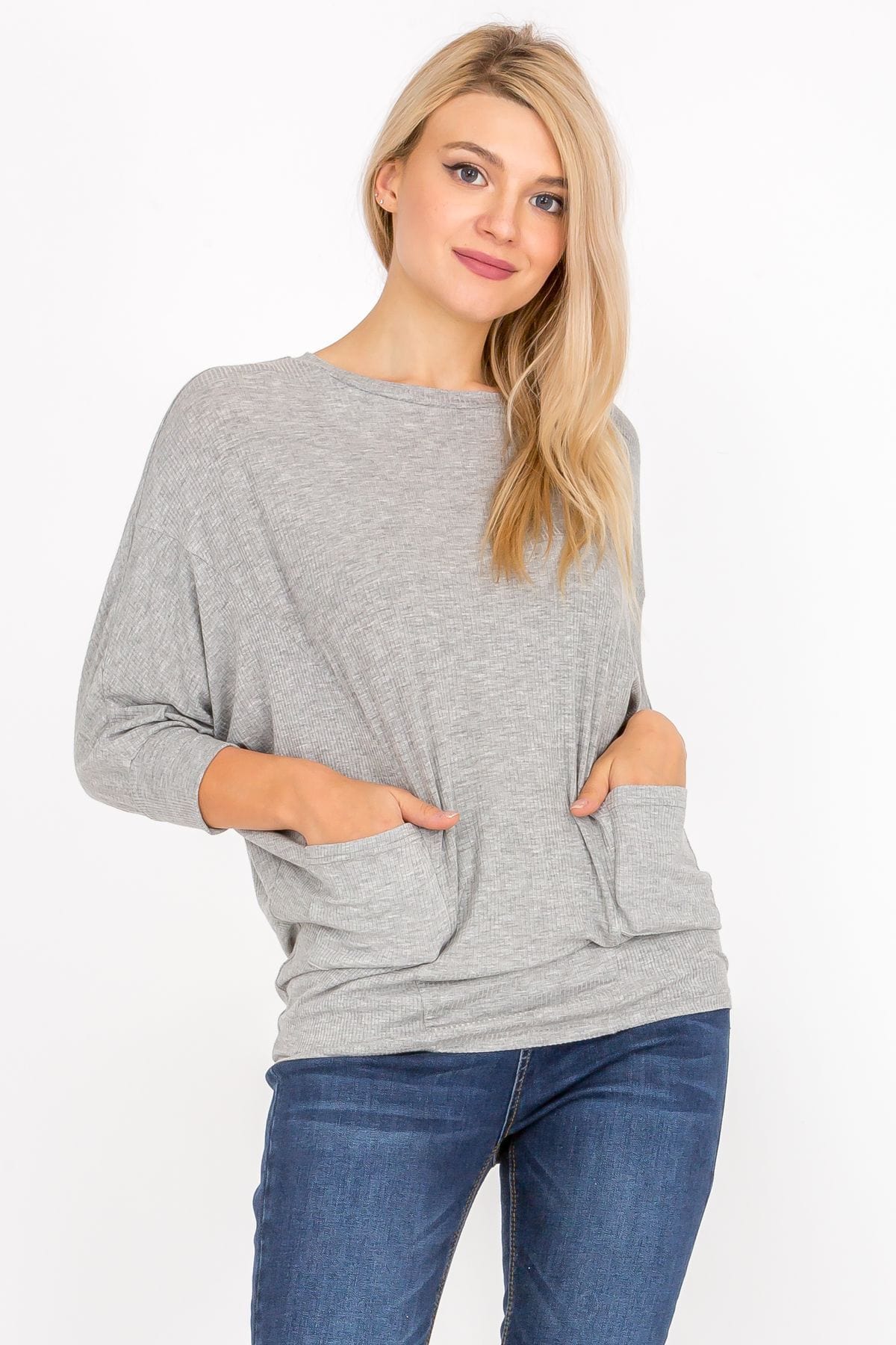 3/4 Sleeve Lightweight Ribbed Dolman Knit Batwing Blouse, Flowy, Thin, Aquamarine Gaia