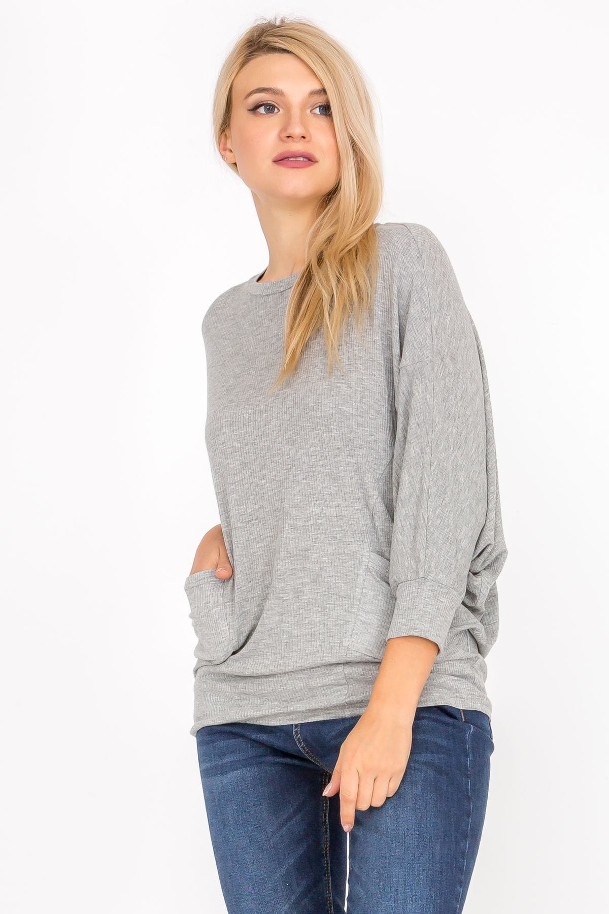 3/4 Sleeve Lightweight Ribbed Dolman Knit Batwing Blouse, Flowy, Thin, Aquamarine Gaia