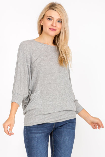 3/4 Sleeve Lightweight Ribbed Dolman Knit Batwing Blouse, Flowy, Thin, Aquamarine Gaia