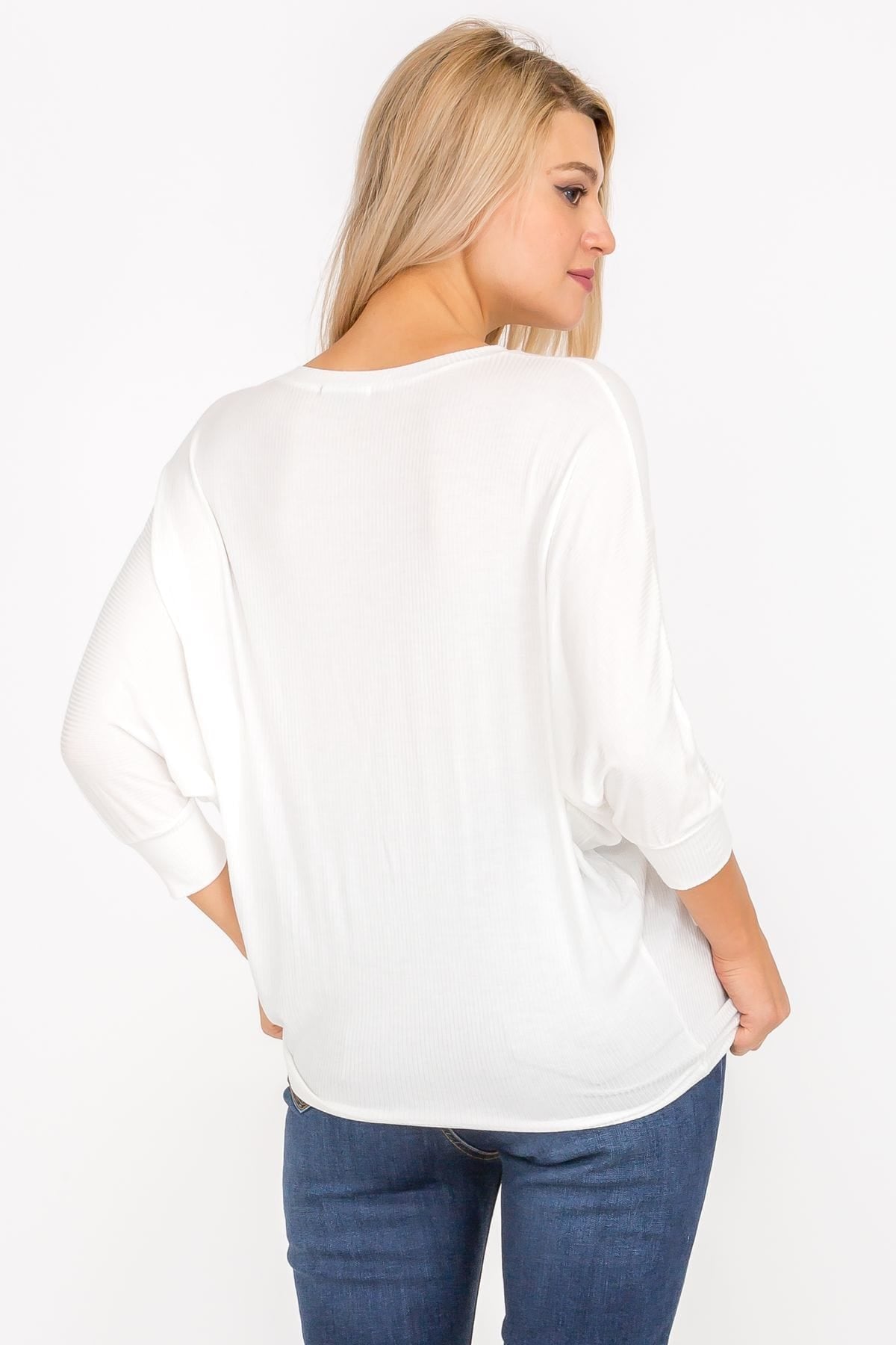 3/4 Sleeve Lightweight Ribbed Dolman Knit Batwing Blouse, Flowy, Thin, Aquamarine Gaia