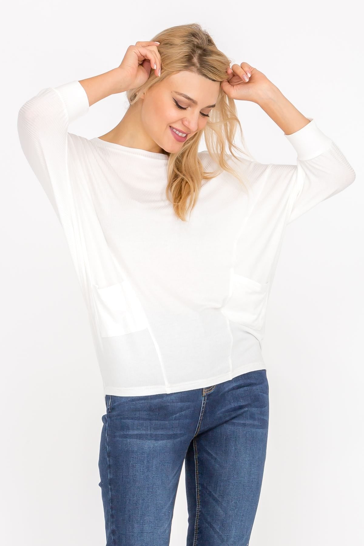 3/4 Sleeve Lightweight Ribbed Dolman Knit Batwing Blouse, Flowy, Thin, Aquamarine Gaia