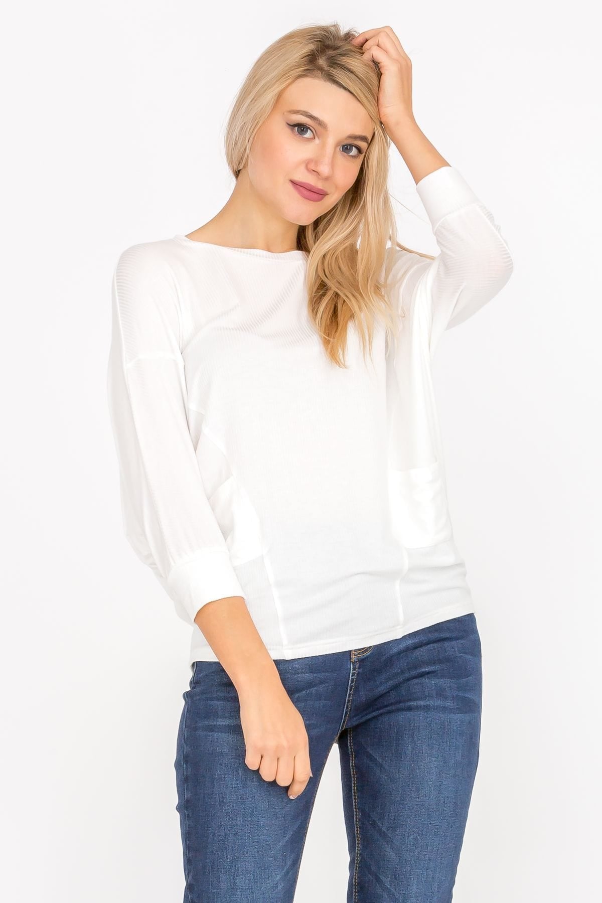 3/4 Sleeve Lightweight Ribbed Dolman Knit Batwing Blouse, Flowy, Thin, Aquamarine Gaia