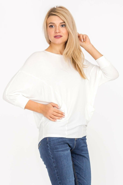 3/4 Sleeve Lightweight Ribbed Dolman Knit Batwing Blouse, Flowy, Thin, Aquamarine Gaia