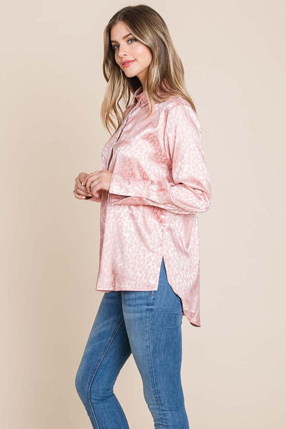 Casual Animal Print Satin Button up Shirts Blouse Aquamarine Gaia