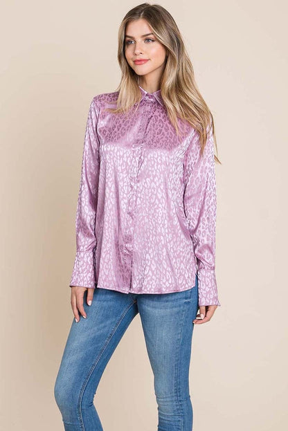 Casual Animal Print Satin Button up Shirts Blouse Aquamarine Gaia