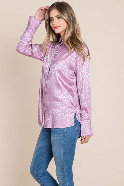 Casual Animal Print Satin Button up Shirts Blouse Aquamarine Gaia