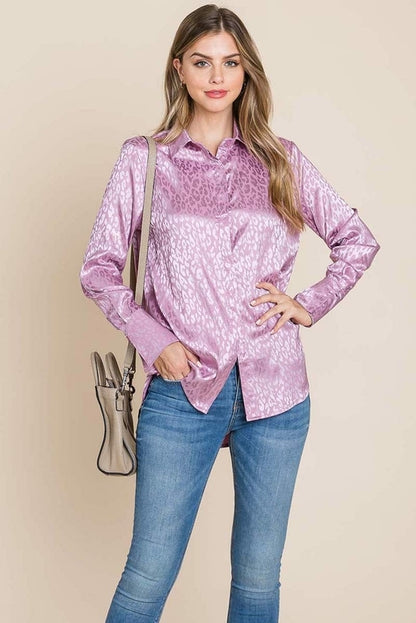 Casual Animal Print Satin Button up Shirts Blouse Aquamarine Gaia