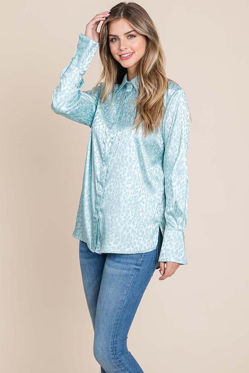 Casual Animal Print Satin Button up Shirts Blouse Aquamarine Gaia