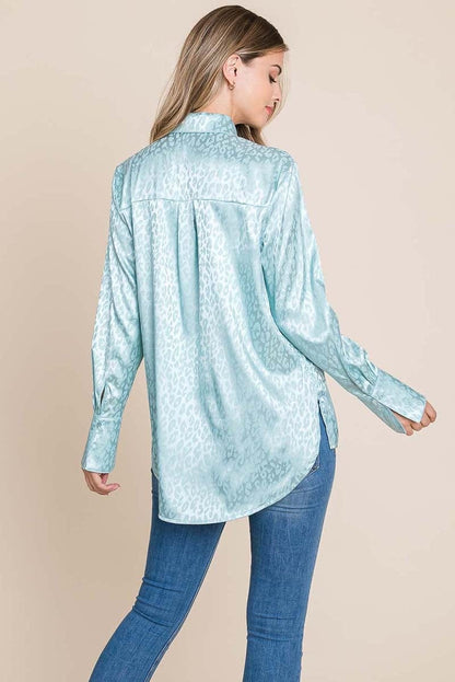 Casual Animal Print Satin Button up Shirts Blouse Aquamarine Gaia