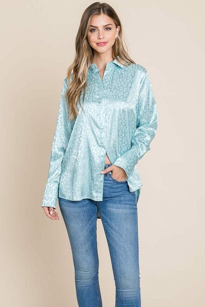 Casual Animal Print Satin Button up Shirts Blouse Aquamarine Gaia