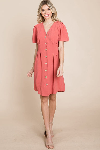 Button Down Solid Pleated Shirt Dress Aquamarine Gaia