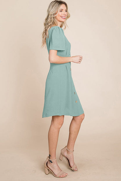 Button Down Solid Pleated Shirt Dress Aquamarine Gaia