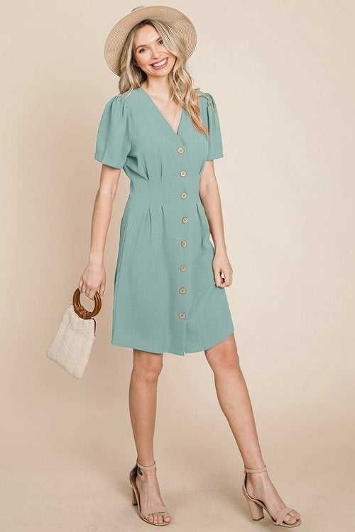 Button Down Solid Pleated Shirt Dress Aquamarine Gaia