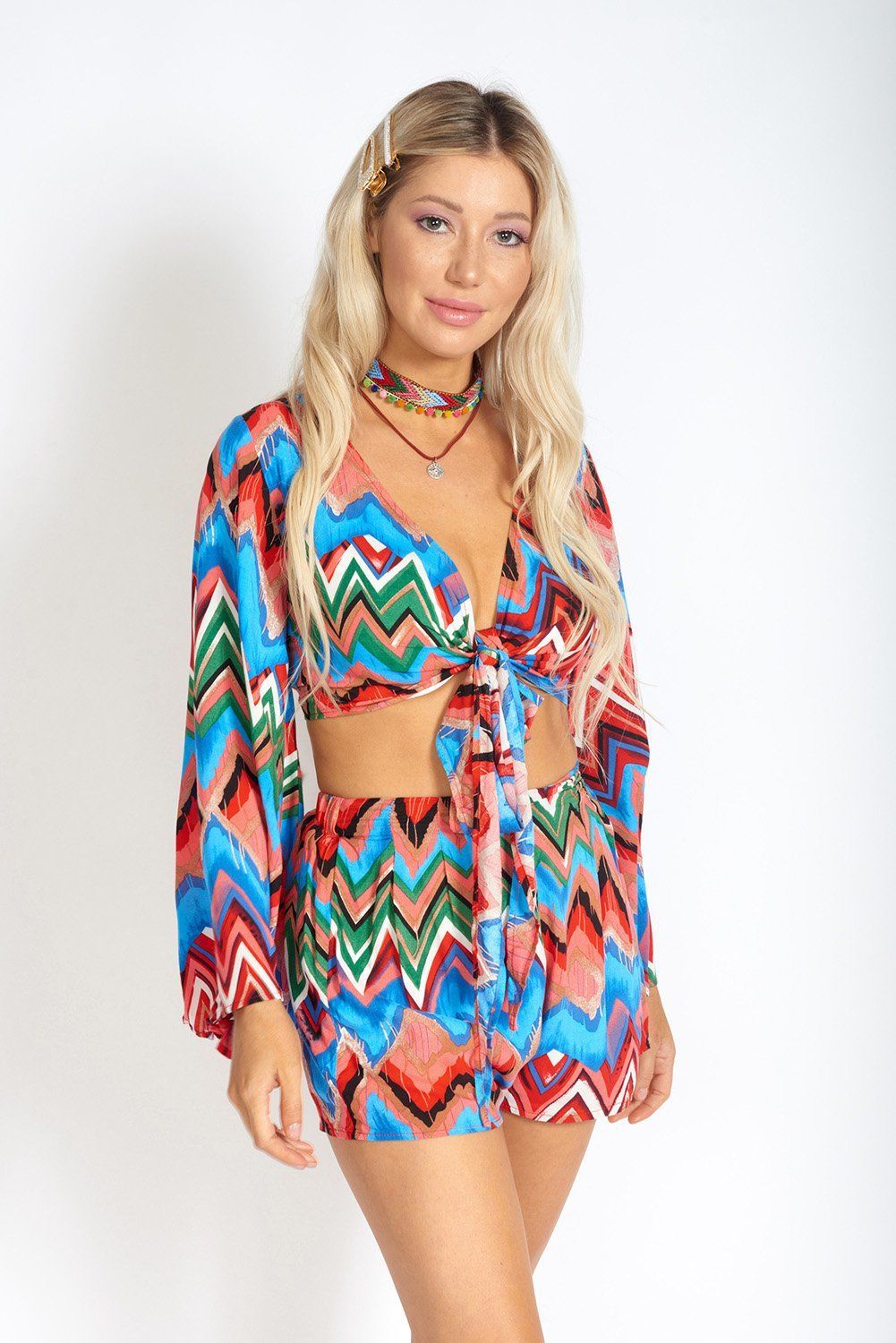 Rainbow Waves Bohemian Front Tying Crop Top Azure Thanatos