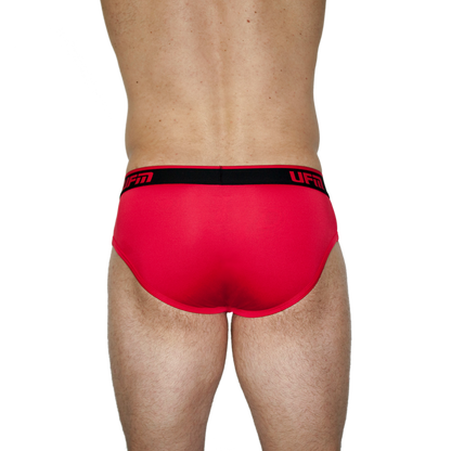 Red UFM Bamboo REG Support Briefs with adjustable pouch for men.