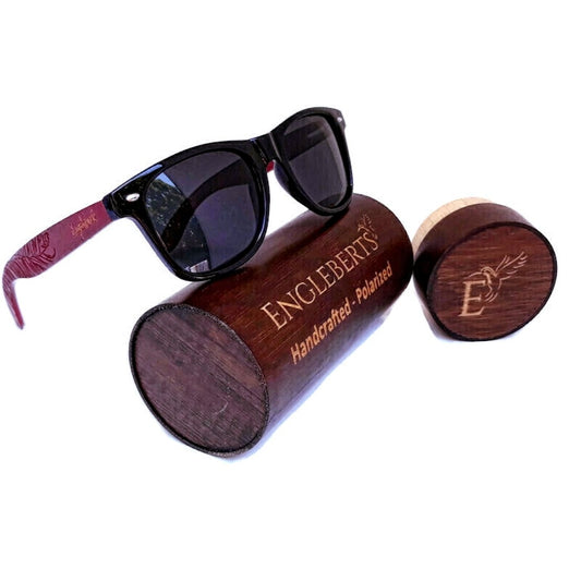 Rosewood Sunglasses With Wood Case, Polarized, Artisan Engraved, Purple Ariadne