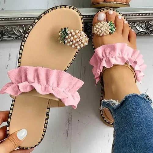 Pineapple Pearl Beach Slides with Pink Ruffle for Women