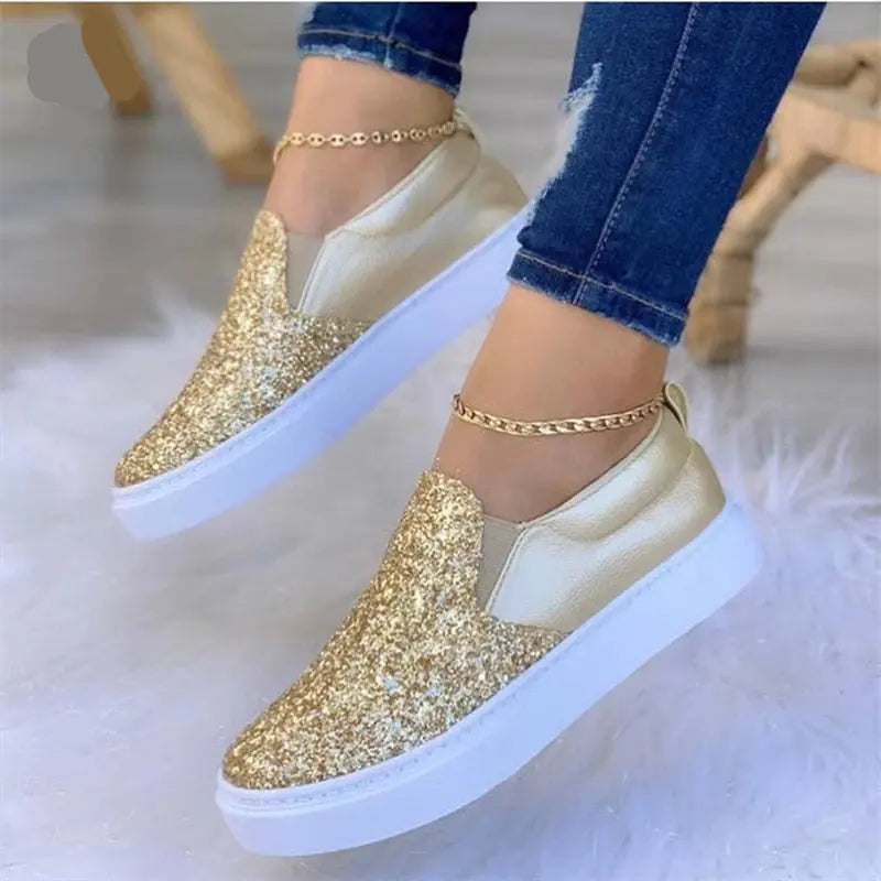 Moccasins Glitter Flat Female Loafers Shoes BlackRose GoldBlackGold